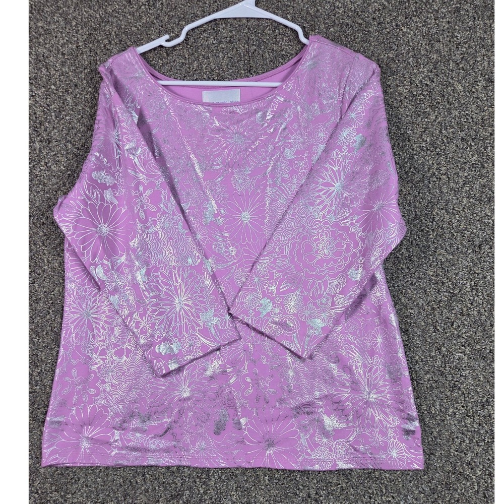 Susan Graver Style Top Women Medium Purple Silver Metallic Floral 3/4 Sleeve